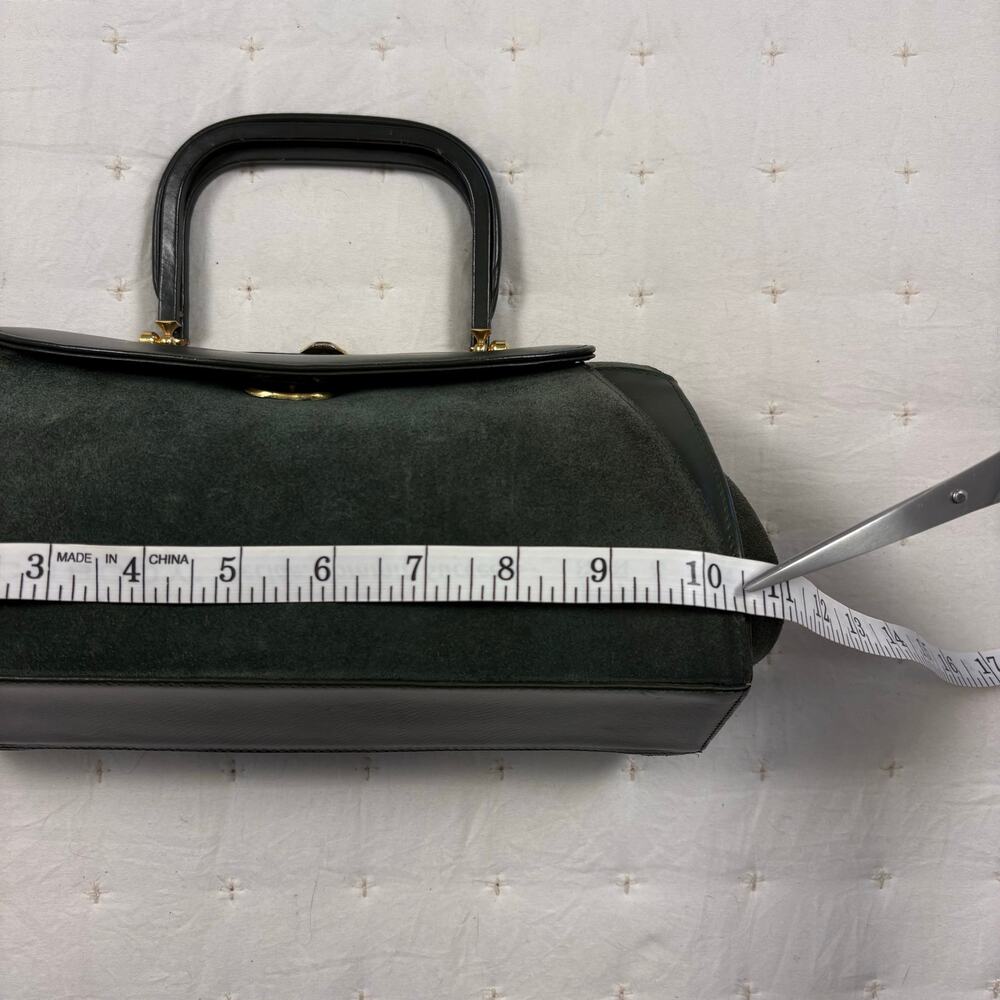 Vintage Suede Doctors Bag Top Handle Satchel Olive Green Gold Hardware - Picture 9 of 12